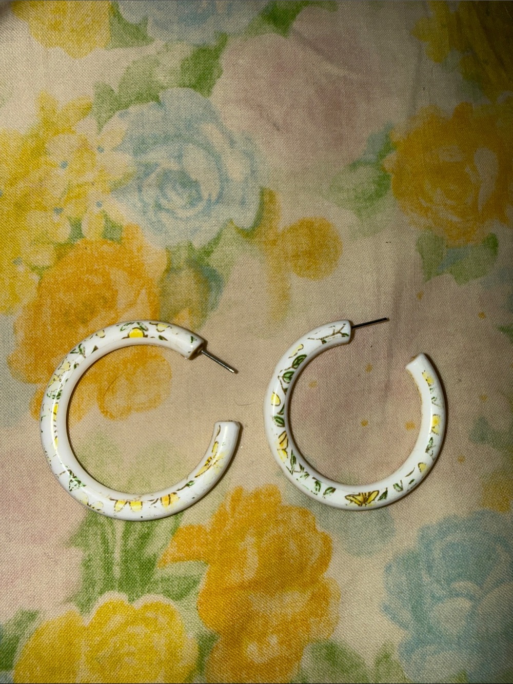 White Hoop Earrings with Yellow & Green Floral Motif